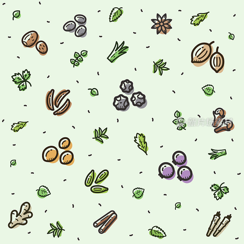 Spices pattern with colored icons isolated on light background